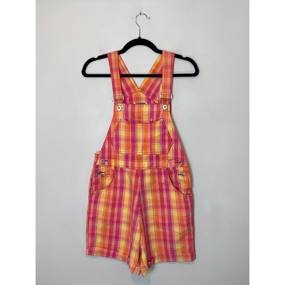 Vintage 90s Xhilaration Pink & Yellow Plaid Cotton Overalls Juniors Size 3 - Picture 2 of 5